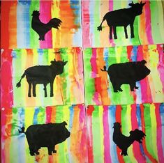 four different images of animals painted on paper with black paint and colored strips in the background