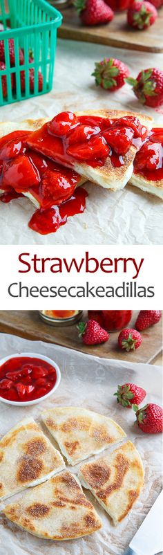 strawberry cheesecakes with sauce and strawberries on the side are ready to be eaten