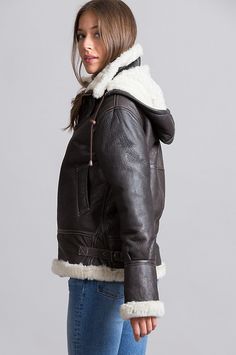 Image Hooded Sheepskin Outerwear With Fleece Lining, Winter Shearling Leather Jacket With Fleece Lining, Winter Shearling Leather Jacket With Hood, Hooded Leather Jacket With Fleece Lining For Cold Weather, Hooded Leather Jacket With Faux Fur Lining, Neck Dress, High Neck Dress, Winter Jackets, Bomber Jacket