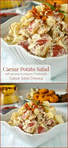 two pictures of potato salad with bacon and cheese