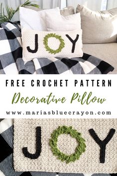 a crocheted pillow with the word joy on it and an image of a green wreath