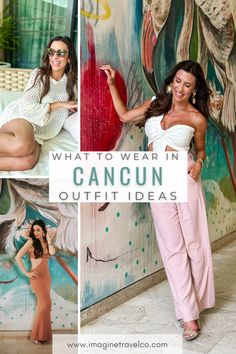 a woman posing in front of a wall with the words what to wear in cancun outfit ideas