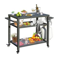 a kitchen cart with food and drinks on it