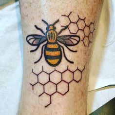 a bee with honeycombs on its legs is seen in this tattoo photo taken by the owner