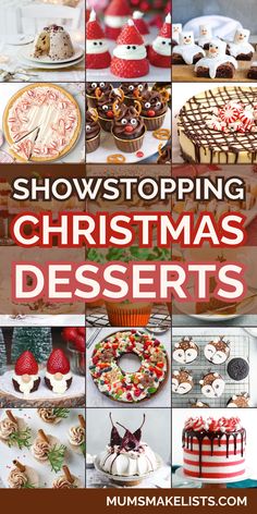 Collage of showstopping Christmas desserts for a crowd Awesome Christmas Desserts, Christmas Sweets For Party, Cute Christmas Desserts Aesthetic, Fun Winter Desserts, Christmas Time Desserts, Christmas Dessert Ideas No Bake, Good Christmas Dessert Recipes, Christmas Dinner Deserts Recipes, Best Dessert For Christmas Party