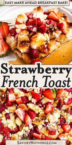 strawberry french toast casserole on a white plate