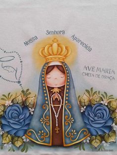 a painting of a virgin mary with blue roses