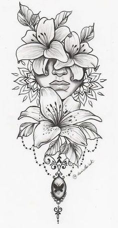 a black and white tattoo design with flowers