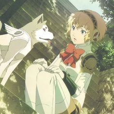 an anime character standing next to a white dog