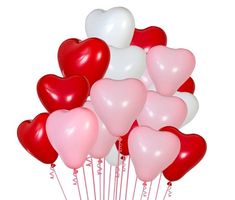 a bunch of red and white heart balloons