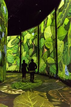 two people are standing in front of large green leaves on display at an art museum