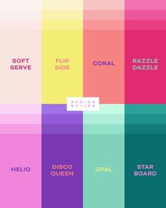 the color scheme for disco queen is shown in different colors and font styles, including pink, blue, yellow, green, purple, red