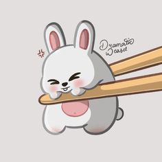 a cartoon bunny holding two chopsticks in it's mouth