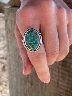 Item Information: * Material: Sterling Silver + Fine Silver  * Stone: Kingman Turquoise  * Size: 8.5  * Finish: Oxidized, medium polish * Face Length: 1" * Face  Width: 3/4" * Band Width: 1/8" * My hallmark & either the word "sterling" or ".925" Prior to making your purchase, I encourage you to reach out with any questions you may have.  Additionally, review my shipping and return policy for your convenience. Shipping: Items with Free Domestic Shipping will ship via USPS Ground Advantage. If you would like to upgrade shipping or include insurance, you will need to contact me - as there are additional fees.  All pieces come packaged in recycled kraft paper jewelry box.  Jewelry Care: Sterling silver naturally oxidizes over time. To restore its original luster, I advise using a polish cloth. Anniversary Turquoise Ring With Large Stone, Anniversary Large Stone Turquoise Ring, Southwestern Polished Turquoise Ring, Southwestern Style Polished Turquoise Ring, Bohemian Turquoise Sterling Silver Ring With Polished Finish, Turquoise Rings With Polished Finish, Artisan Turquoise Ring With Polished Finish, Oval Turquoise Inlay Rings, Oval Turquoise Ring With Sterling Silver Inlay