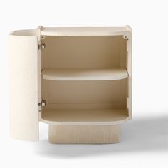 an open cabinet with two shelves on one side and a shelf on the other end