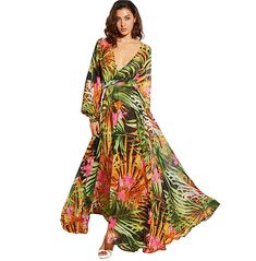 V-neck Floral Print Maxi Dress For Beach, Spring Tropical V-neck Maxi Dress, Flowy Tropical V-neck Dress, Flowy V-neck Tropical Dress, Summer Flowy Maxi Dress With Lantern Sleeves, Tropical V-neck Party Dress, Summer Party Maxi Dress With Lantern Sleeves, Green V-neck Chiffon Dress For Summer, V-neck Chiffon Printed Dresses