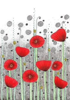 a drawing of red poppies in the grass with dots and circles on it's sides