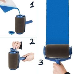 the instructions for painting a blue wall with rollers and paintbrushes are shown