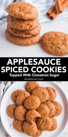 applesauce spiced cookies on a white plate with cinnamon sugar in the background