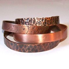 These cuff bracelets have been hand forged from solid copper. These cuffs are a very sturdy 2mm thick and 10mm wide. This listing is for 2 cuffs and they are available in the following sizes... x-small-6.25"  small-6.5"  medium-6.75" large-7" x-large-7.5 When measuring for this cuff, please give me the entire circumference of your wrist (I will adjust the length for the opening.)  These sizes include the 1" open end, as they are meant to fit closer to the wrist than the usual round bangle. If yo Copper Jewellery, Jewerly Making, Copper Cuff Bracelet, Copper Cuff, Leather Bracelets, Copper Bracelet, Brass Jewelry, Copper Jewelry, Jewelry Projects