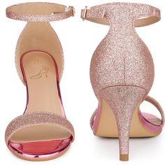 Looking for a versatile and stylish pair of high heels? Look no further than these glittery heels with ankle straps! These shoes are perfect for any occasion, from a night out with friends to a formal event. With their shimmering gold or silver finish, they'll add a touch of glamour to any outfit. Whether you're pairing them with a dress, jeans, or shorts, these heels are sure to make you feel confident and stylish. Order your pair today and get ready to shine! Pink Ankle Strap Sandals For Party Season, Holiday Ankle Strap Heels For Prom, Holiday Prom Heels With Ankle Strap, Pink Glitter Party Sandals, Sparkling Ankle Strap Heels For Prom, Party Heels With Glitter Accents And Low Heel, Ankle Strap Heels For Party Season, Glitter Ankle Strap Sandals For Prom, Open Toe Glitter Heels For Party Season