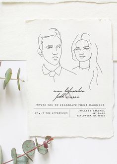 a paper with a drawing of two people on it next to some plants and leaves