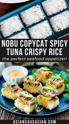 an image of food on a plate with rice in the background and text overlay that reads nobu copycat spicy tuna crispy rice