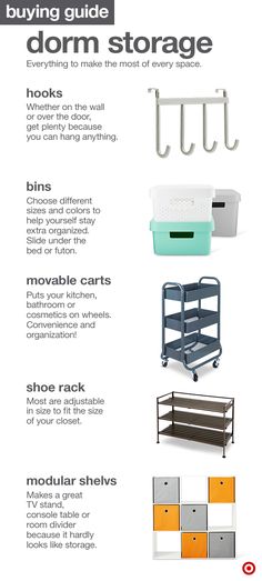 the buying guide for dorm storage is shown in this brochure, which shows how to