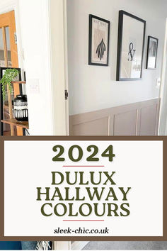 a hallway with pictures on the wall and text overlay that reads, 2012 dulux halfway colours