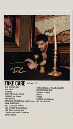 a man sitting at a table with a candle in front of him and the words take care written on it