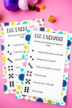 two printable easter egg exchange game cards on a pink surface with eggs and candy