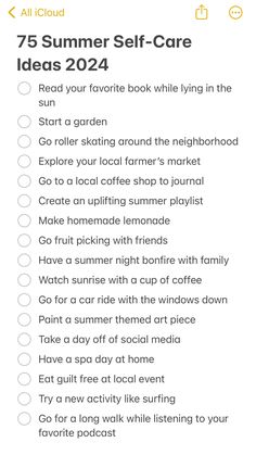 a list with the text 75 summer self care ideas