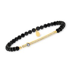 Ross-Simons - 3.8-4.5mm Black Onyx Bead, .10ct t. w. Cubic Zirconia Evil Eye Stretch Bracelet Over Sterling. Bring positive energy to your surroundings with this 3.8-4.5mm onyx bead bracelet! Centered by an 18kt yellow gold over sterling silver bar that shimmers with .10 ct. t. w. round CZs, it features a protective evil eye in white and black enamel. Stretches to fit most wrists. CZ and black onyx bead evil eye stretch bracelet. CZ weights are diamond equivalents. Elegant Beaded Evil Eye Bracelet With Round Beads, Bead Evil Eye, Evil Eye Necklace Gold, Onyx Colour, Diamond Evil Eye, Fine Jewelery, Evil Eye Earrings, Evil Eye Ring, Silver Bar