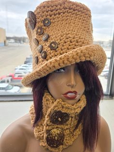 Baby it's cold outside. Keep it looking warm with this colorful top hat and neckwarmer. If you don't want to carry a long scarf, but you need to keep your neck protected and warm, this is for you. This sassy set gets the job done.   Color:  Beige This hat will have buttons This top hat and neckwarmer  are crocheted with in an acrylic blend, very soft and nice to the skin.  This hat is very versatile and can be worn multiple ways.  Express yourself. If you are interested in any particular color or material, just let me know.  One size fits most.  Custom orders available. This sale is for the hat and Scarf set only.   If you are interested in another color, please convo me.    Please contact me with any questions you may have about this item.    All items are made in a smoke-free and pet-fri Crochet Nook, Hat With Scarf, Crochet With Me, Yarn Projects Crochet, Knot Blanket, Classy Hats, Crochet Winter Hats, Hat And Scarf Set, Crochet Stitches Free