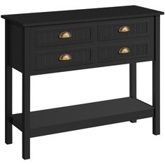 a black console table with three drawers and two gold knobs on the bottom shelf