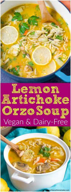 lemon artichoke orzo soup in a white bowl