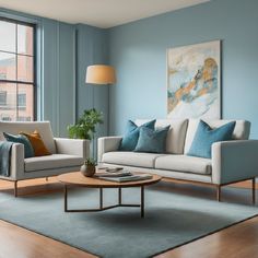 a living room with two couches and a coffee table in front of a large window