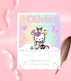 a hello kitty birthday party card on a pink background with white ribbons and a feather