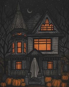 a painting of a creepy house with pumpkins in front