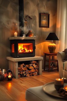 Modern log burner in a cozy living room with built-in wood storage, rustic decor, and warm lighting. Log Storage Living Room, Modern Log Burner, Fireplace Ideas Log Burner, Indoor Log Storage, Modern Log Burners, Log Burner Living Room, Stove Ideas, Log Storage, Storage Living Room