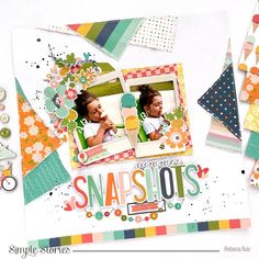 a scrapbook page with snapshots and paper work on the pages, including an image of two children