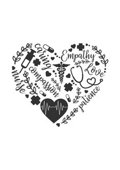 a heart made up of medical related items and the words empathhy love written in black on a white background