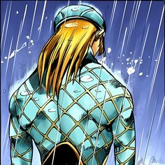 a man with long blonde hair standing in the rain wearing a blue and gold outfit