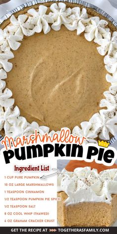 Two pictures of marshmallow pumpkin pie with a text box with the title of the recipe and a list of ingredients needed to make it. Marshmallow Fluff Pumpkin Pie, Pumpkin Fluff Pie, Pumpkin Pie With Oreo Crust, No Bake Marshmallow Pumpkin Pie, Pumpkin Marshmallow Pie, Marshmallow Pumpkin, Pumpkin Marshmallow, Marshmallow Pumpkin Pie, Graham Cracker Crust Pies