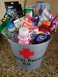 a bucket filled with personal care items on top of a counter