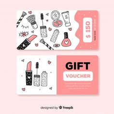 two gift voucher cards with makeup and cosmetics items on them, one is pink