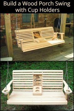 a wooden porch swing with cup holders attached to the seat and another photo of it