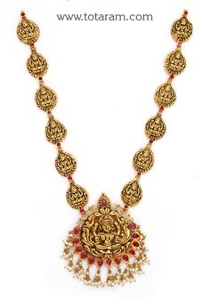 22 Karat Gold 'Lakshmi' Necklace with Beads & Pearls (Temple Jewellery) - 235-GN4171 - in 26.000 Grams for USD $2066.99. 
Made in India by Totaram Jewelers Online this product is in Gold - 22 Karat BIS Hallmark 916 KDM Gold  & is an excellent gift for Adult - Women. Ships fully insured with secured guaranteed delivery for free with your order over $250 from New Jersey USA & comes with 30 days exchange policy. Luxury Gold Plated Temple Necklace For Women, Luxury Gold Plated Temple Necklace, Luxury Yellow Gold Temple Necklace With Intricate Design, Luxury 22k Gold Temple Necklace For Navratri, Luxury Beaded Temple Necklace For Celebration, Luxury Hallmarked Yellow Gold Temple Necklace, 22k Gold Kundan Necklace For Festivals, Yellow Gold Temple Necklace For Festivals, Festival Temple Jewelry Necklace In Yellow Gold