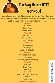 the turkey burn hit workout plan is shown in this image, with instructions on how to do