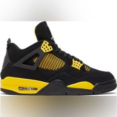 Brand New In Original Box! Never Worn The 2023 Air Jordan 4 Retro 'Thunder' Reintroduces The Popular Color Scheme That Was First Released In 2006 And Later Reissued In 2012. The Shoes Upper Appears In All-Black Nubuck With Yellow Accents On The Molded Eyelets, Lower Tongue And Quarter Panel, The Latter Two Draped With Black Netting. Cushioned Comfort Underfoot Is Supplied By A Yellow Pu Midsole And Is Enhanced By The Heel's Exposed Air-Sole Unit. The Flight Tongue Tag And Molded Heel Tab Bear Th Yellow Jordans, Branding Questions, Jordan 4 Yellow, Popular Color Schemes, Pretty Shoes Sneakers, Jordan 4 Retro, Womens Jordans, Air Jordan 4, Air Jordan 4 Retro